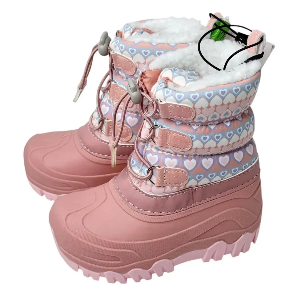 NEW Girls SNOW BOOTS 9/10 Fleece Line Pink Boot Winter Water Resist Hearts NWT